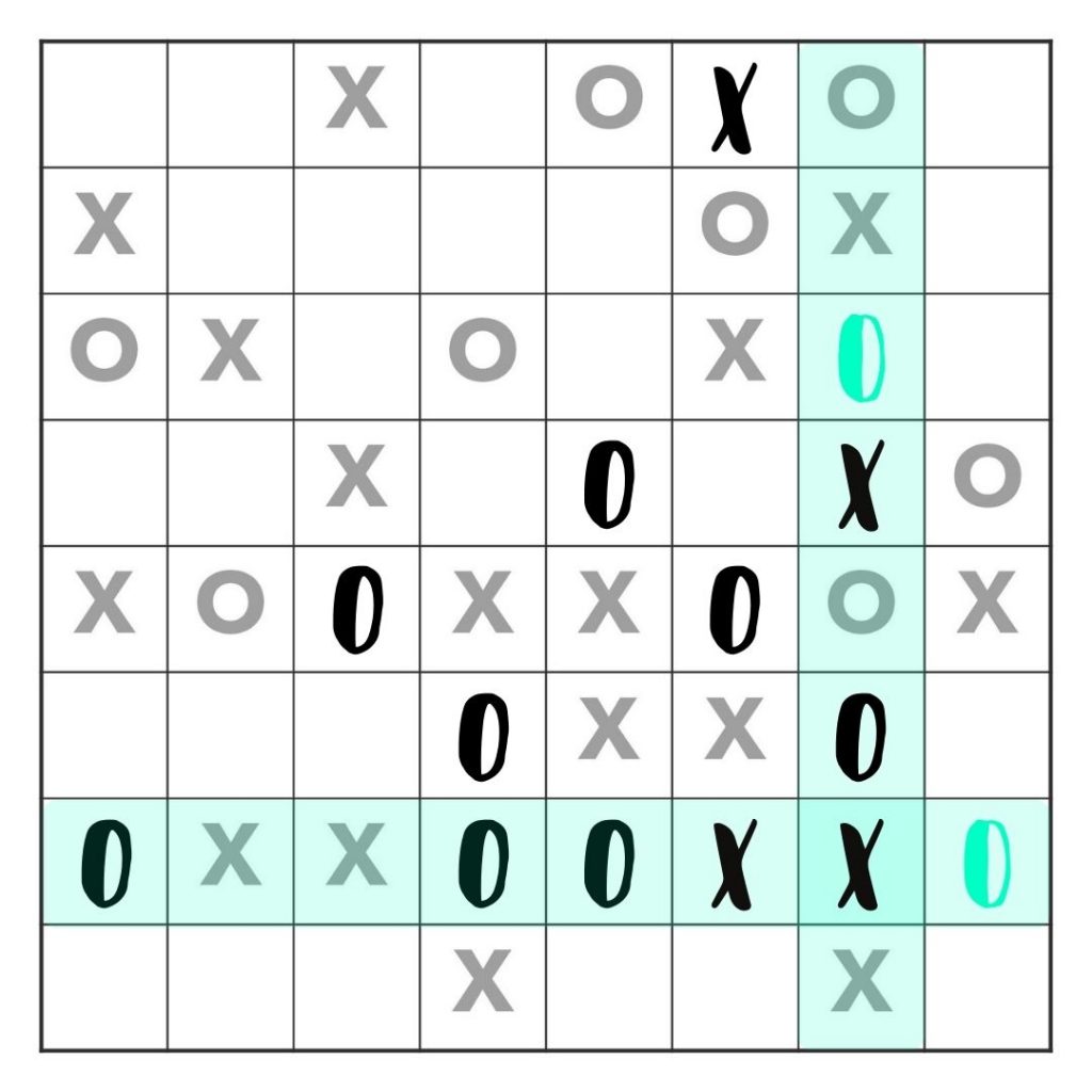 Tic Tac Logic Example 5 - finish rows/columns
